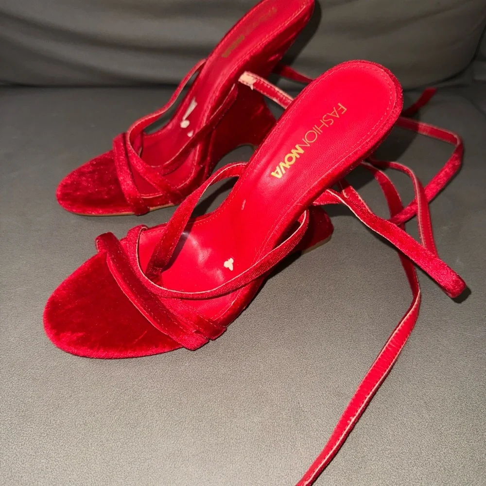 Red Velvet Strappy Wedge Sandals - Women's